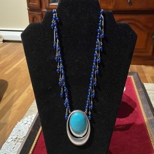 Cobalt Blue Beaded Turquoise Silver Long Necklace